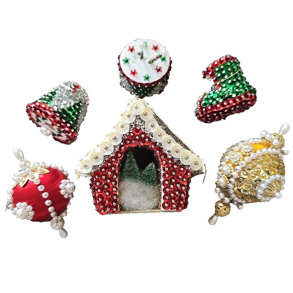 6 Vintage Handmade Push Pin Sequined Beaded Christmas Ornament Elf House Bell
